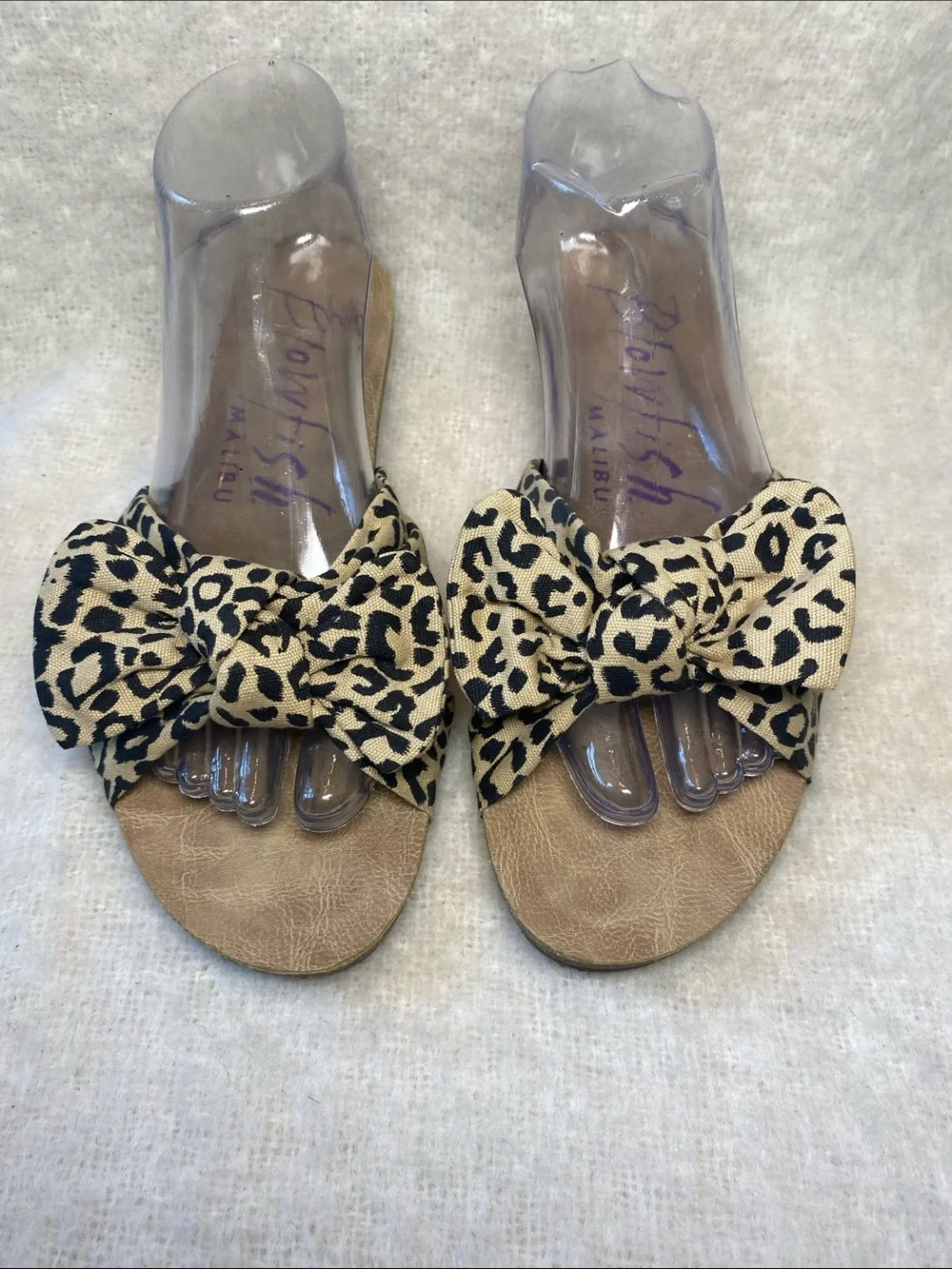 Blowfish Leopard Bow Slide Sandals - Beige & Black Size 9.5
